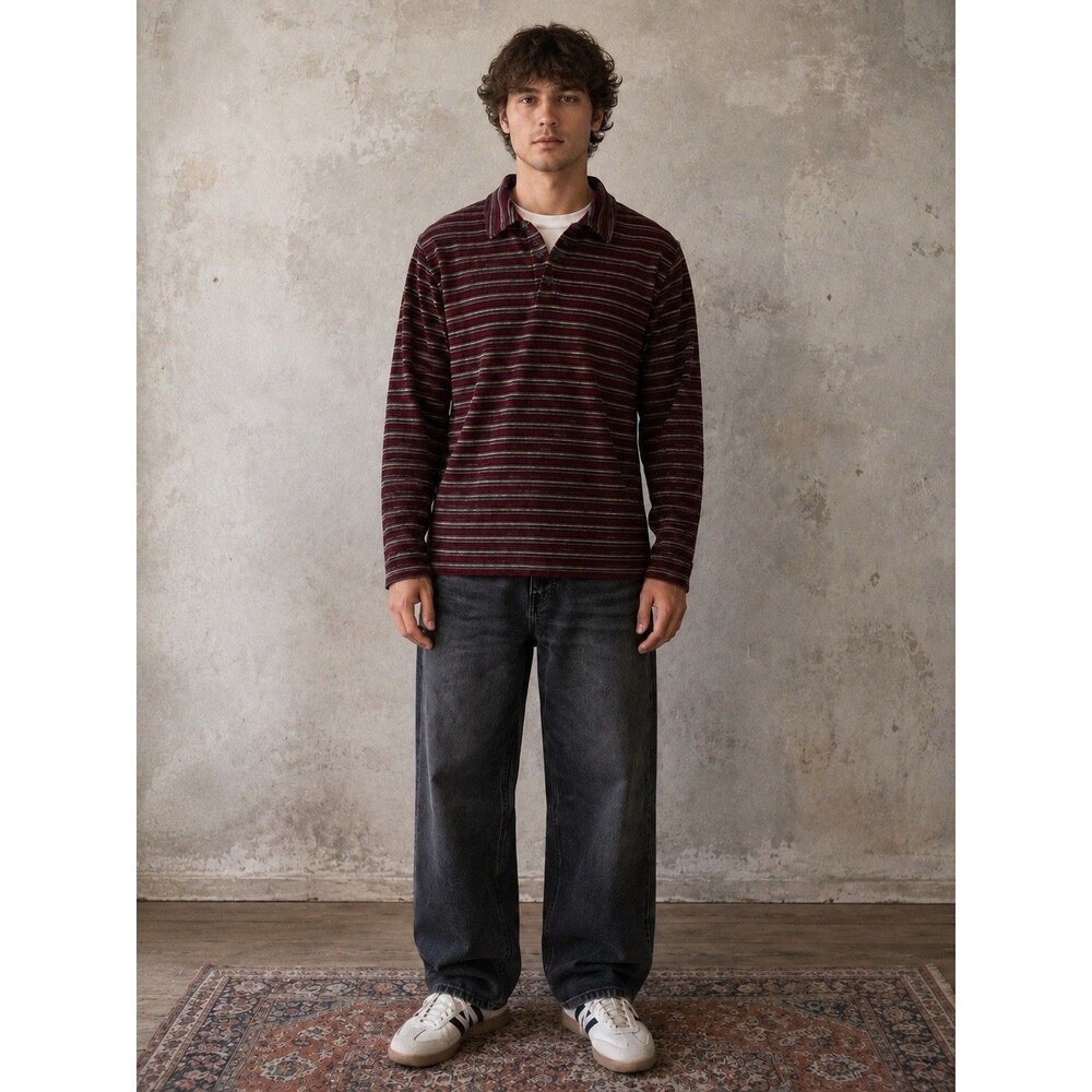 Old Navy Vintage Velour Stripe Polo Size Large Y2K Soft Burgundy